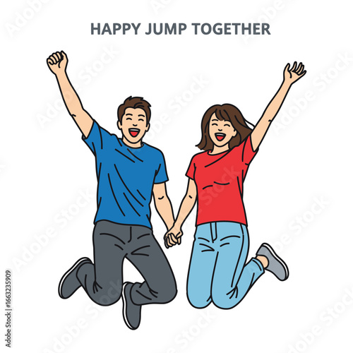 Joyful Leap: A hand-drawn illustration of two cheerful figures, a man and a woman, joyfully leaping together against a neutral background. Celebrating unity and happiness