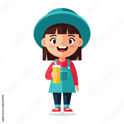 Cute Girl with Beverage: An endearing illustration of a smiling girl, adorning a stylish hat and trendy clothes, holds a refreshing beverage, representing a cheerful.