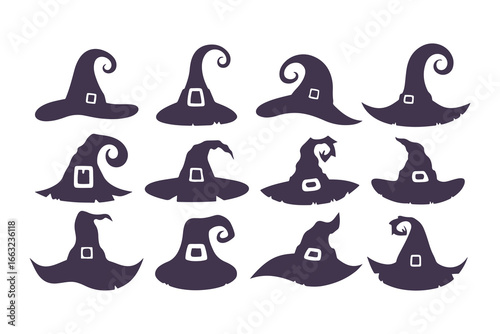Witch Hat Silhouette Collection. Set of various spooky and magical pointed hats for Halloween. Vector wizard and sorceress cap icons isolated on white background.