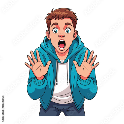 Fear's Expression: A young man, eyes wide with surprise, raises his hands, a visual embodiment of shock and disbelief.&#x20;