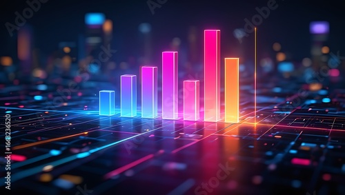 Vibrant neon glowing bar graph chart with colorful lights and bokeh effects on a dark futuristic technological background representing data analysis and financial growth