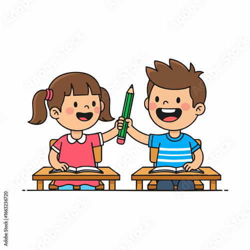 Cartoon Style Illustration of Children Writing Together at School Desk