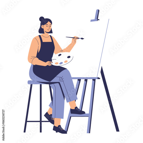 Artistic Muse: A woman artist meticulously paints on a canvas with a brush, embodying creativity and passion for the arts.