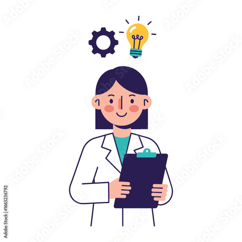 Innovative Ideas: A scientist envisions the gears of innovation and bright new ideas while holding a clipboard, symbolizing groundbreaking concepts.