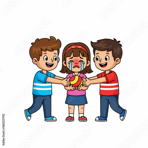 Colorful Cartoon Illustration of Two Boys Comforting Crying Girl Character