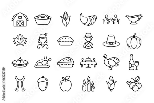 Thanksgiving Celebration Holiday Icon Set. Farm, Turkey, Pumpkin, Pie, Apple, Wine, Family, Corn, and More. Editable Stroke. Vector Illustration.