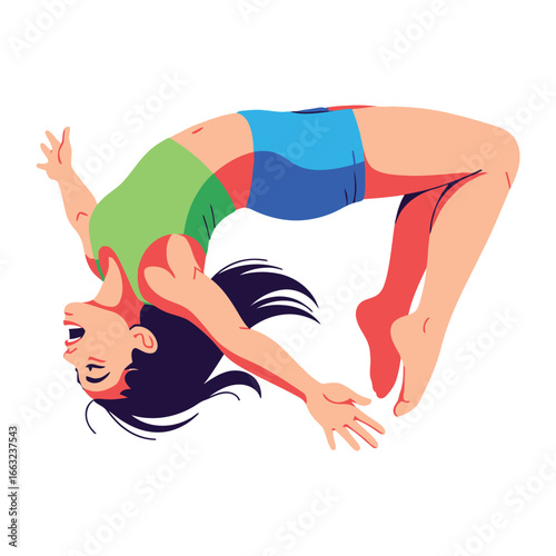 Acrobatic Aerialist: A stylized illustration of a woman performs a graceful backbend, showcasing agility, fitness, and movement, against a seamless backdrop.