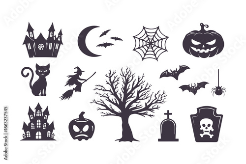 Halloween Spooky Silhouette Icon Set. Collection of black vector graphic elements including cat, pumpkin, haunted house, skull, bats, spider web, and spooky tree. Scary holiday clip art isolated on wh