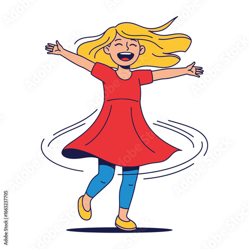 Joyful Spin: A young girl with flowing blond hair twirls with glee in this animated depiction, her red dress swirling. This illustration conveys the pure joy of childhood.