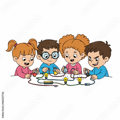 Cartoon Handdrawn Happy Students Experimenting with Electric Circuit Illustration