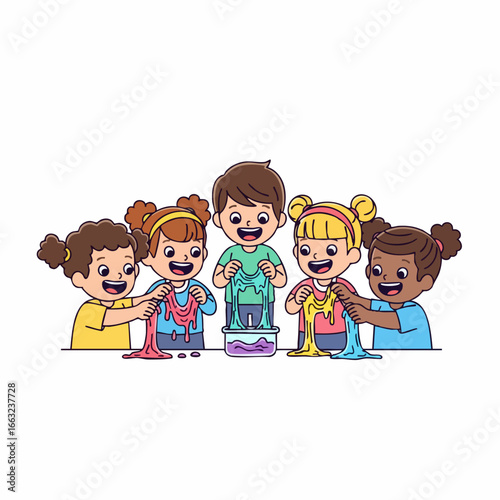 Playful Cartoon Kids Making Colorful Slime Education and Fun Illustration