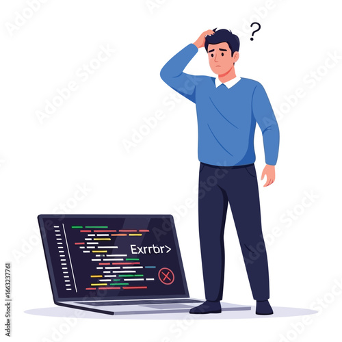Debugging Frustration: A man in casual attire stands bewildered, hand on his head, staring at a laptop displaying lines of code with an error message.
