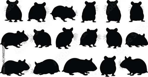 Black mouse and rat silhouettes in various poses, rodent animal vector illustration set for wildlife, pest control, nature, and design themes