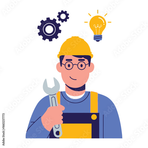 Engineer’s Blueprint: A visionary engineer stands proudly, holding a wrench as a symbol of precision and intellect, illuminated by the brilliance of a lightbulb and innovation with gears.