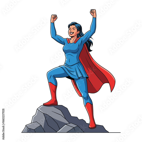 Strength and Triumph: A dynamic illustration depicts a female superhero, her form sculpted with muscle, poised victoriously atop a rocky peak, exuding power and confidence. 