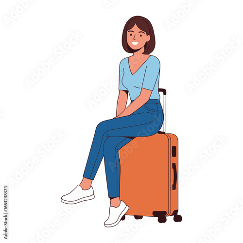 Woman Waiting: A young woman, smiles warmly, rests casually on a suitcase, her anticipation for travel clear. The scene evokes the spirit of journey and freedom, ideal for travel-related content.