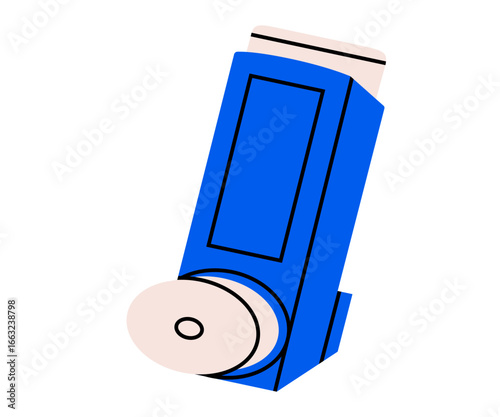 Hand drawn cute illustration of inhaler. Flat vector medical therapy spray doodle. Oral bronchodilatator sticker. Asthma or allergy cure. Health care treatment icon.  Isolated.