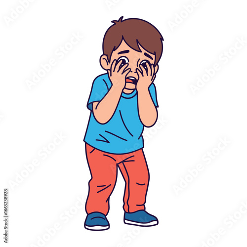 Emotions of a Worried Young Boy: The image portrays a young boy experiencing intense fear and anxiety, concealing his face with his hands to convey his distress.
