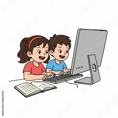 Cartoon Smiling Children Learning with Computer at Desk Education Illustration