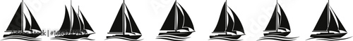 Collection of stylized black sailboats with white sails on wavy blue water