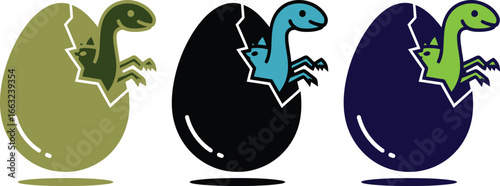 Three adorable baby dinosaurs hatching from colorful eggs in a cute cartoon style