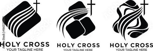 Three abstract black and white logos featuring a cross and flowing lines