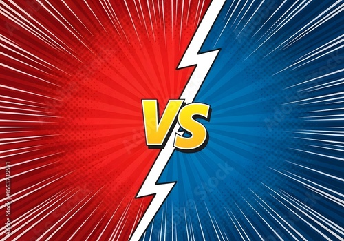 Versus comic style background with red and blue halftone and lightning