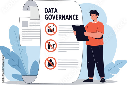 Man holding a clipboard with data governance guidelines displayed on a rolled-up document.