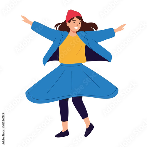Joyful whirl: A person twirls gracefully, exuding pure glee in a vibrant and lively scene, embracing the joy of movement and freedom.