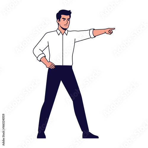 Focused Direction: A sharply dressed figure stands confidently, extending an arm to indicate a clear path or make a decisive point. 