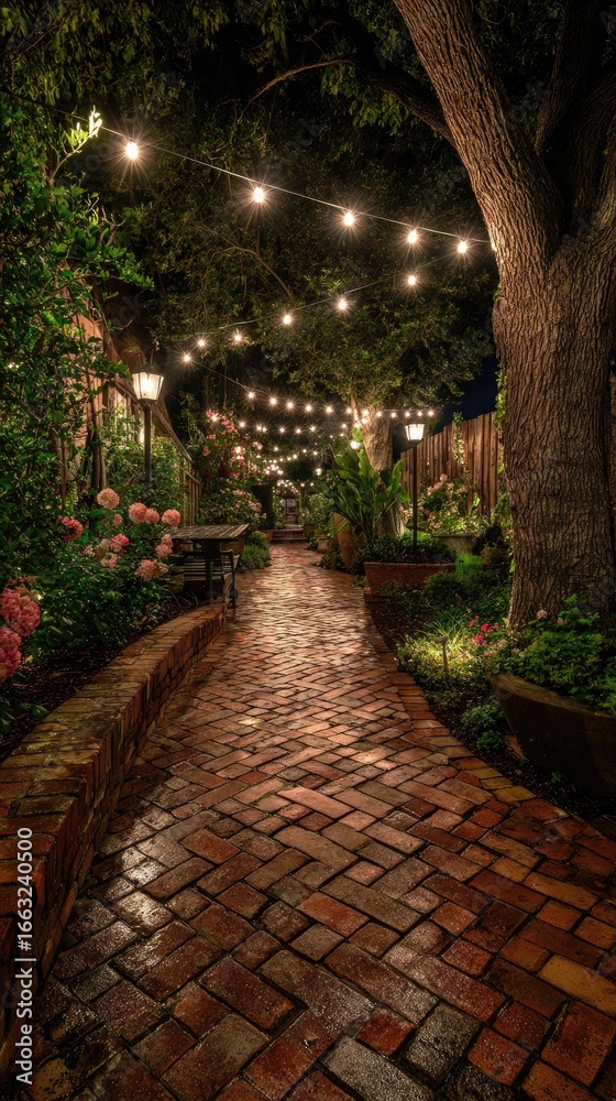 Fototapeta premium Nighttime garden path, lit by string lights