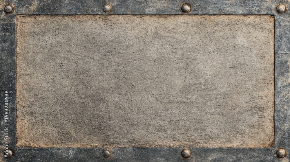 Fototapeta premium Rustic metal framed stone wall with rivet accents