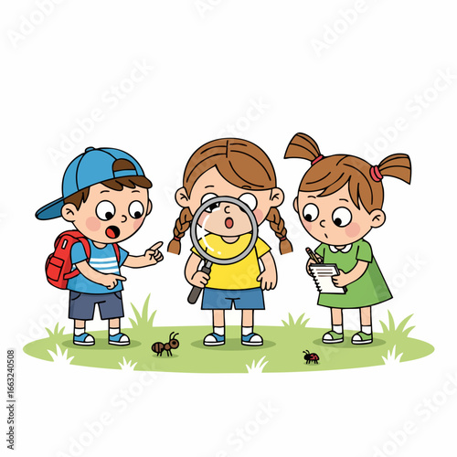 Cute Cartoon Children Exploring Nature with Magnifying Glass Illustration