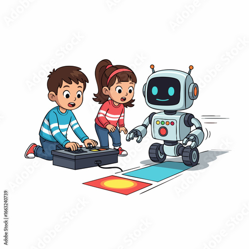 Cartoon Style Children Interacting with Robot Illustration for Educational Purposes