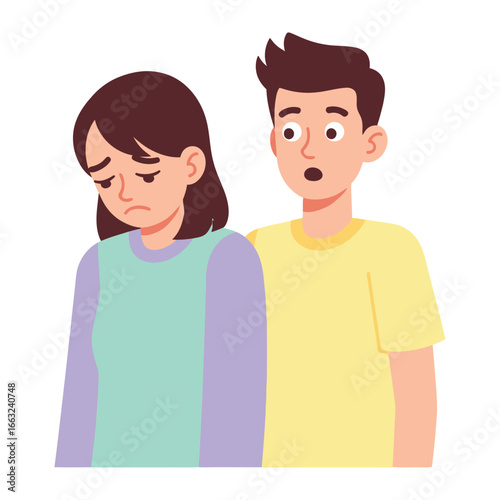 Comfort and Concern: A gentle illustration portraying a man offering comfort to a sad woman. Expressing empathy and support through a thoughtful gesture. 