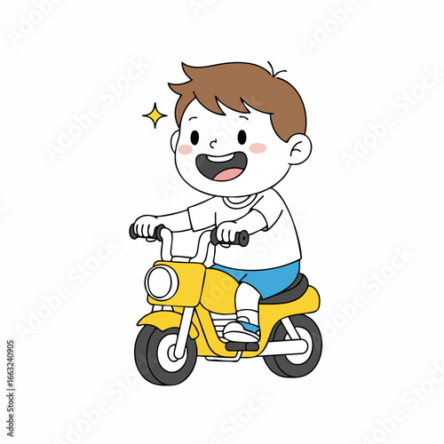 Cute Cartoon Boy Riding Small Motorcycle Joyful Lifestyle Illustration
