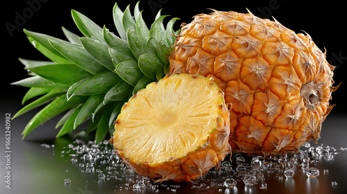 Fresh pineapple with vibrant yellow flesh and green leaves, glistening with water droplets, evokes tropical and refreshing feeling