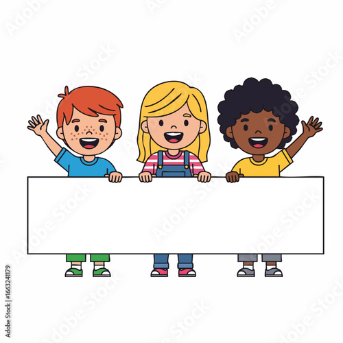 Colorful Cartoon Style Children Holding Blank Banner Advertisement Illustration
