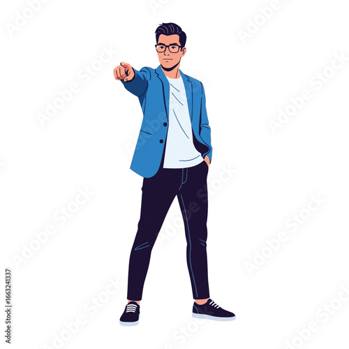Pointing: A young man in a smart-casual outfit confidently points forward, radiating assertion and clear direction. Depicting decisiveness and purpose.