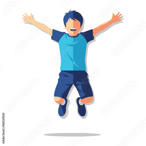 Joyful Leap of a Young Boy: A vibrant illustration of a carefree young boy joyfully leaping into the air, showcasing pure happiness and energetic motion.