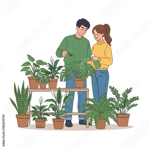 Caring for Green life : A cheerful couple tending to their vibrant indoor garden. A visual representation of home, lifestyle and the beauty of nature.