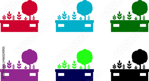 Six colorful planters each containing plants and trees in a simple flat design arrangement style