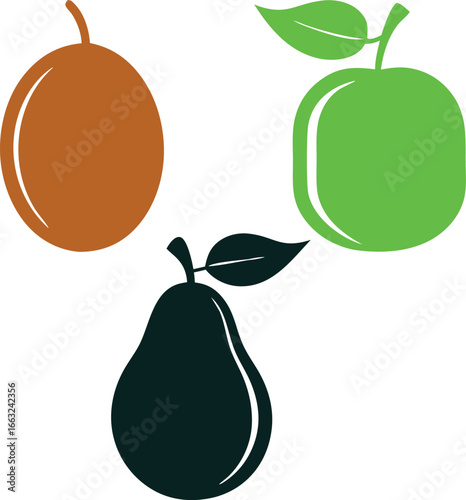 Assortment of vibrant fruits apple pear and passion fruit icons for healthy food design white background