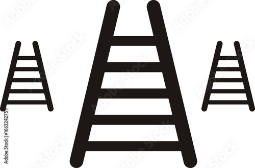 Three black ladders of varying sizes displayed on a white canvas white background