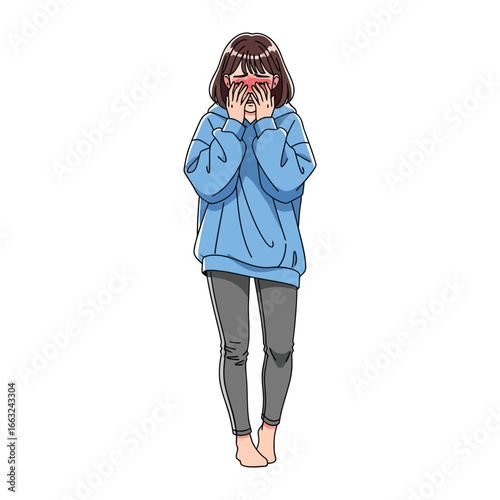 Embarrassed Person: A young individual, overcome with shyness or shame, covers their face with their hands, a blush visible, conveying a sense of vulnerability and emotional sensitivity.
