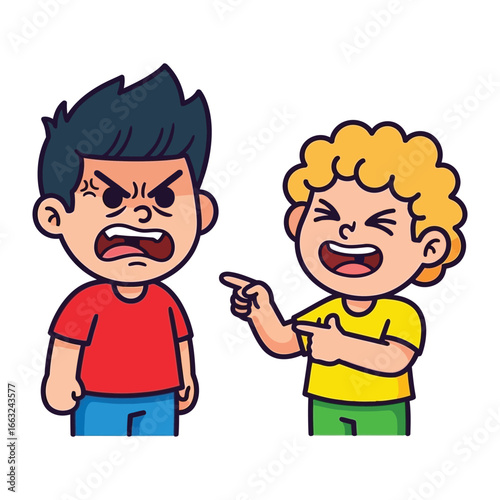 Cartoon quarrel of Boys: Two boys are depicted in a cartoon illustration, one in anger, while the other is taunting.