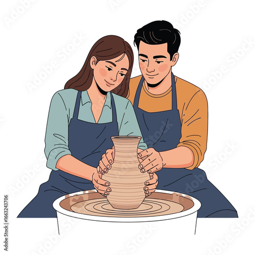 Pottery Craft: Two individuals, absorbed in the pottery craft, intently focus on shaping a vase on a pottery wheel, embodying a serene and artistic pursuit.