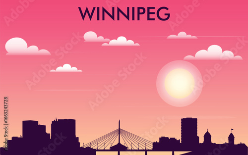 the silhouette of the city of Winnipeg against the backdrop of a sunset with a pink-orange sky.