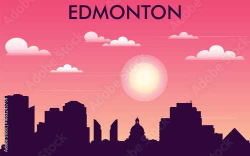 the silhouette of the city of Edmonton against the backdrop of a sunset with a pink-orange sky.