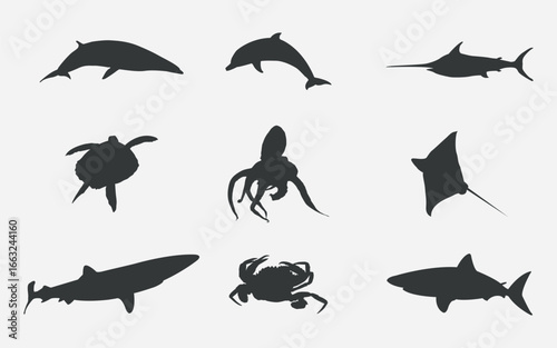 a set of silhouettes of marine animals on a light background. Among them are dolphins, a marlin, a sea turtle, an octopus, a stingray, a whale, a crab, and a shark.